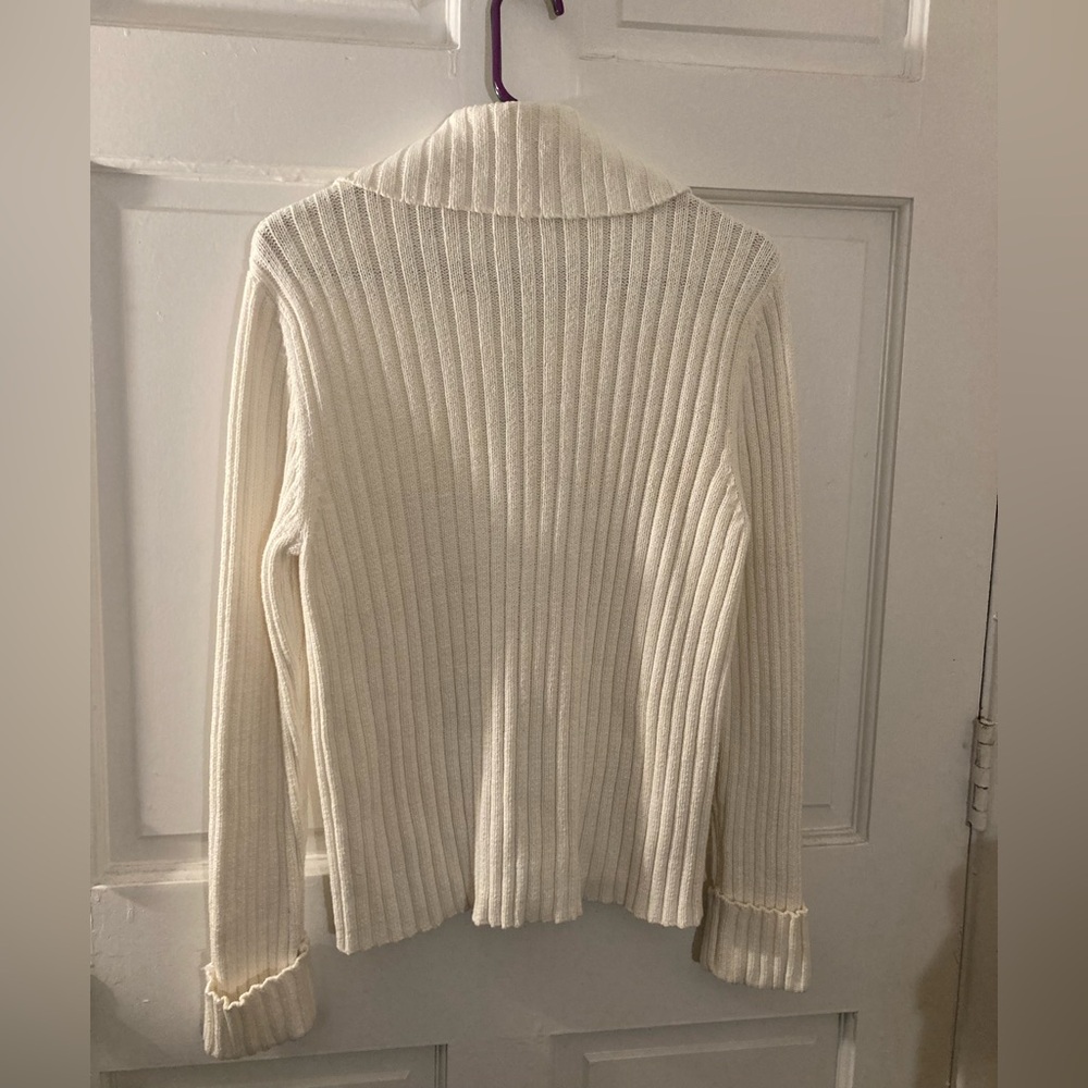 ie relaxed Cottony Creamy White Ribbed Zip-Up Spring Cardigan - Picture 6 of 10